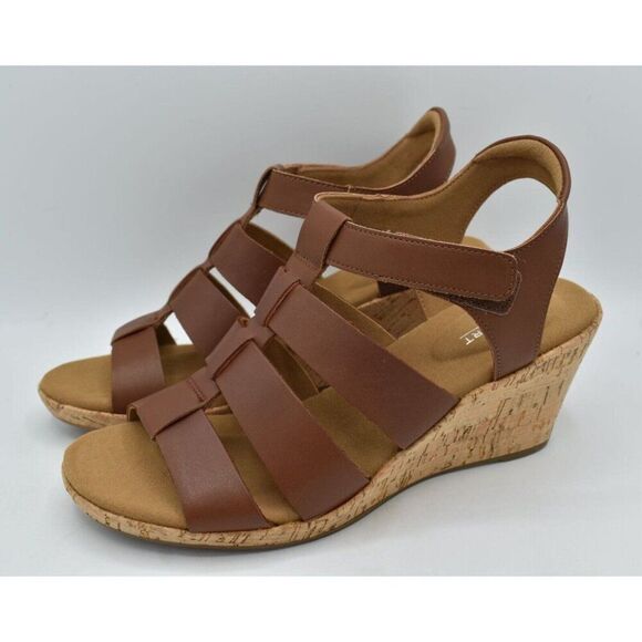 Rockport Womens Size 8 Briah New Gladiator Leather Tan Wedge Sandals - Picture 1 of 13